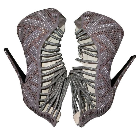 Liliana Pewter Multicolored Rhinestone Front Elastic Cutout Peep Toe Platform St - Picture 2 of 8